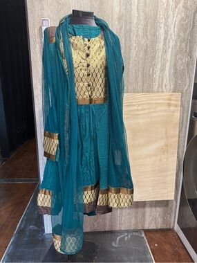 Teal & Gold Formal Anarkali Dress with Matching Dupatta